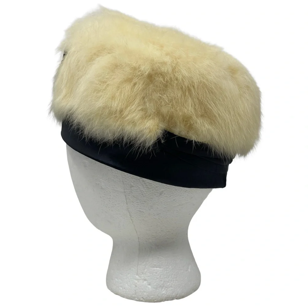 Vintage The Bonnet Shoppe Cream Faux Fur Black Satin Pillbox Hat Made In USA - Picture 6 of 9